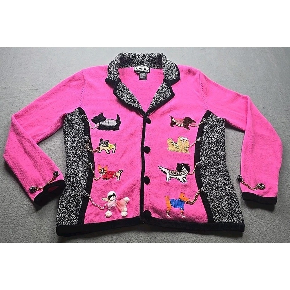 Design by Elizabeth‎ Morgan Pink Dog Embroidery Novelty Cardigan Sweater Small